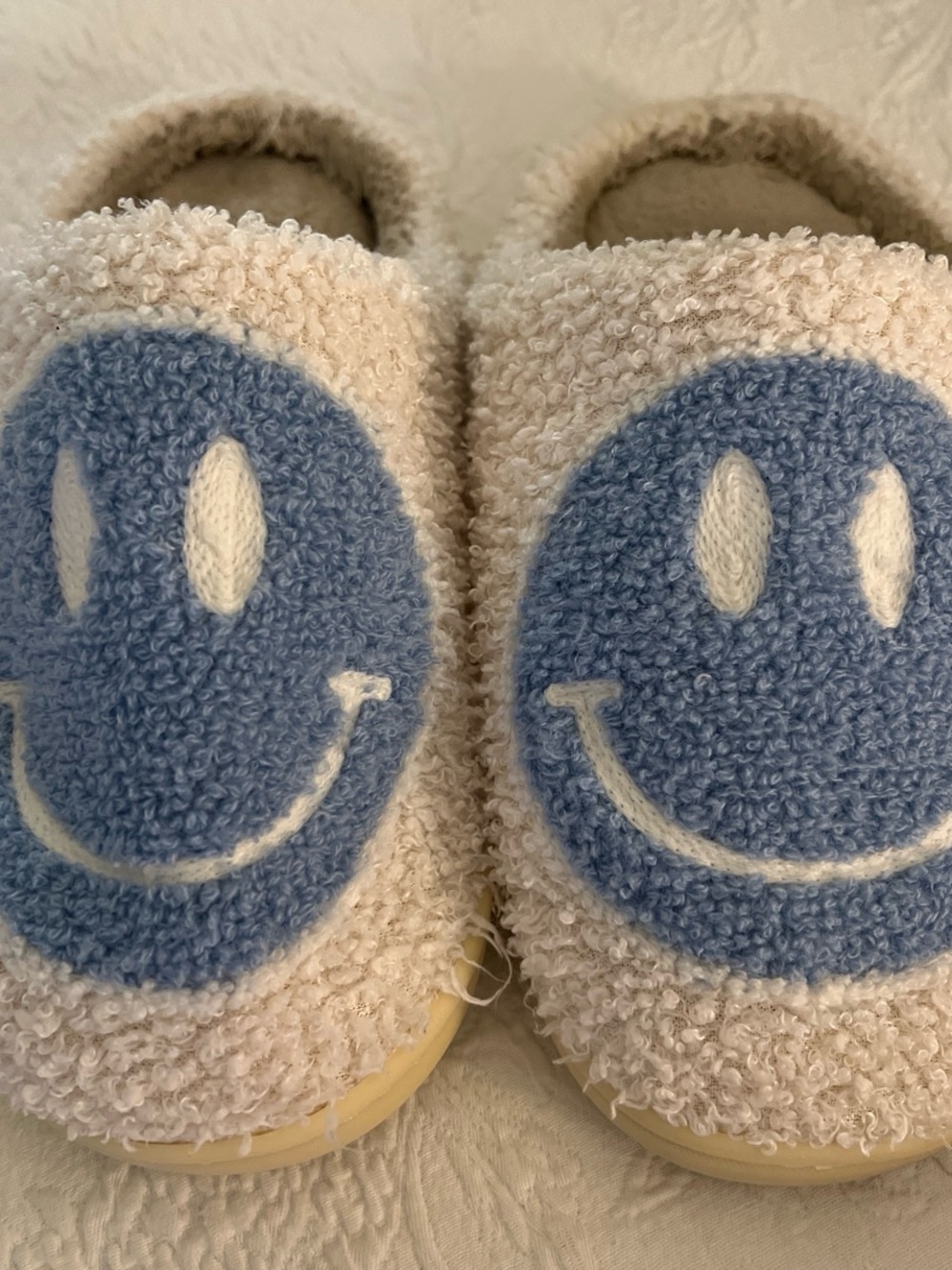 Womens Cream Terry Slippers with Blue Smiley Design